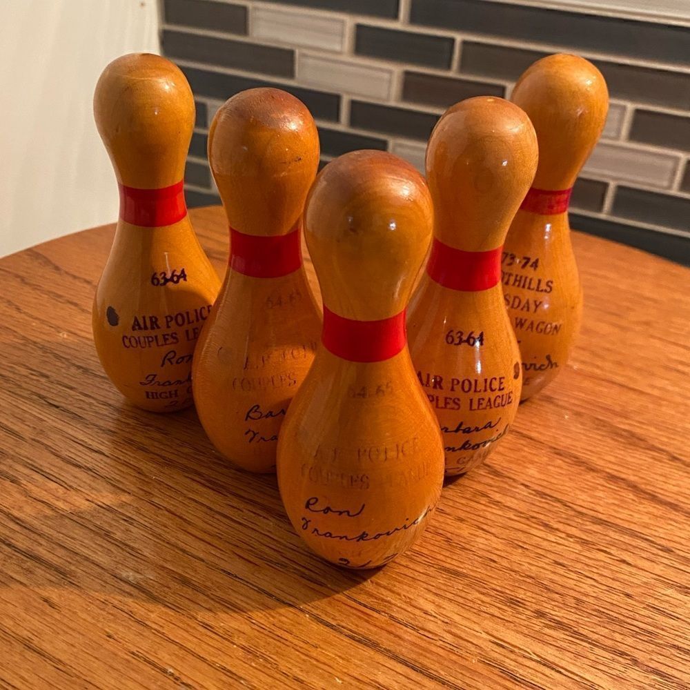 Bowling pins mini, awards 1960s set of 5 mcm